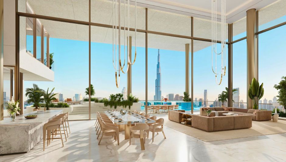 aerial view of Luxury Apartments in Dubai with burj khalifa background. 